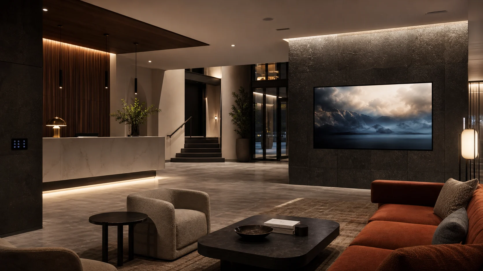 AI-generated design visualization of a boutique hotel lobby with integrated display, distributed audio, architectural lighting, and room control