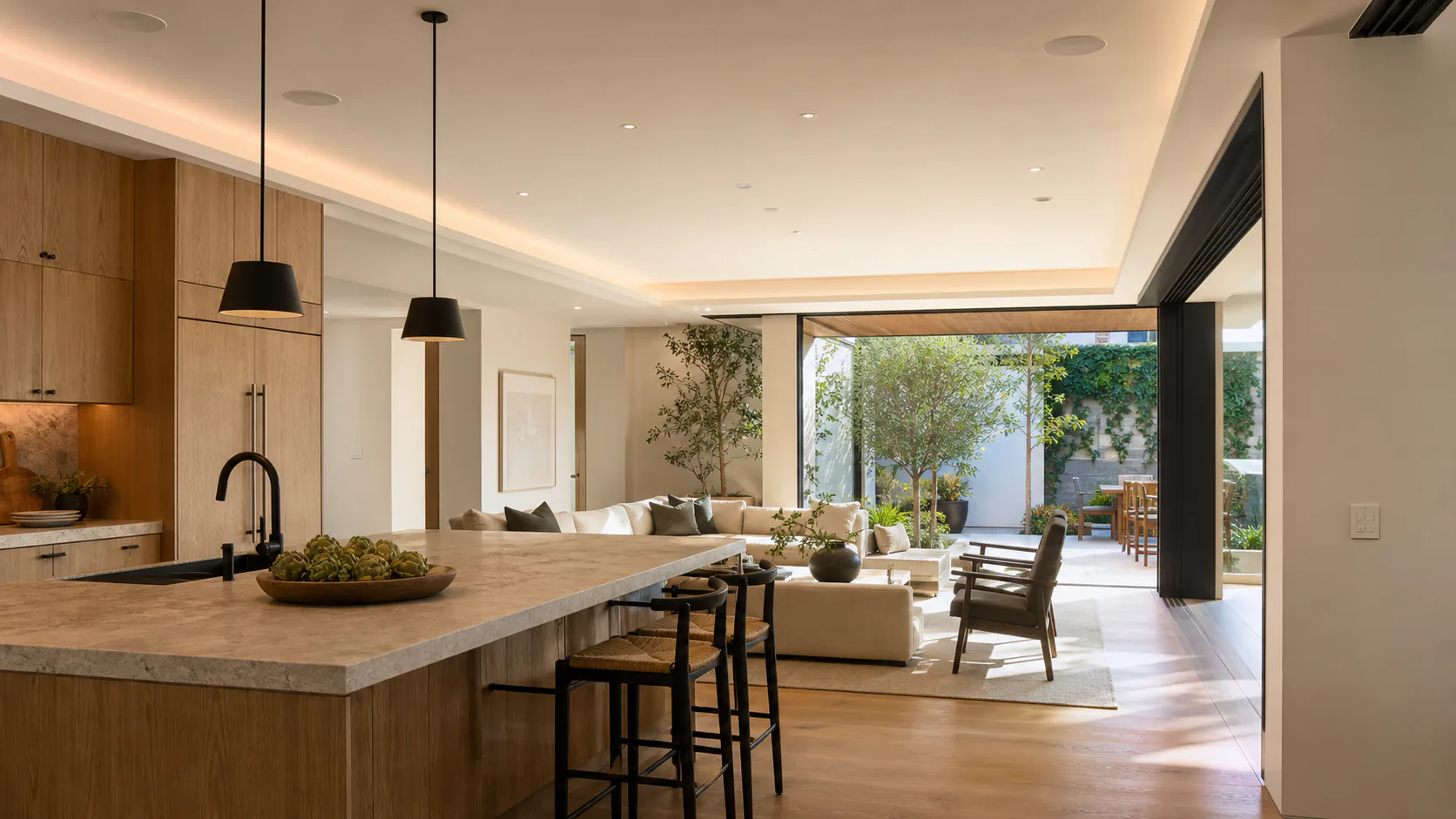 AI-generated design visualization of a contemporary home with discreet ceiling audio, lighting, shading, and networking